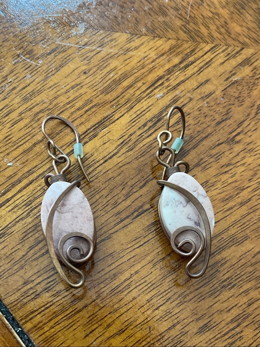 Handcrafted Pink Stone & Antique Bronze Swirl Drop Earrings